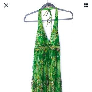 Sue Wong 100% Silk Dress Emerald Green Gold Halter